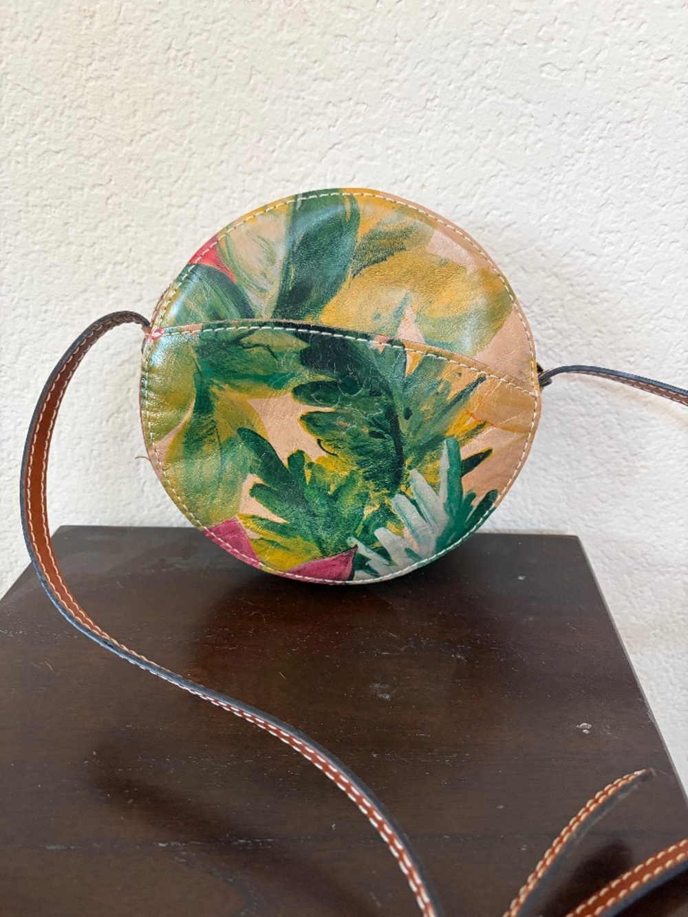 Brahmin Round Tropical Floral Leather Crossbody Bag